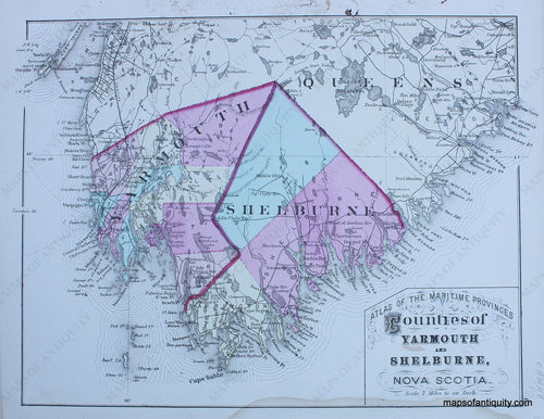 Antique-Hand-Colored-Map-Counties-of-Yarmouth-and-Shelburne-Nova-Scotia--North-America-Canada-1879-Roe-Maps-Of-Antiquity