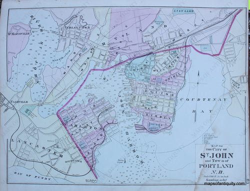 Antique-Hand-Colored-Map-City-of-St.-John-and-Town-of-Portland-N.B.--North-America-Canada-1879-Roe-Maps-Of-Antiquity