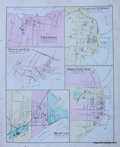 Antique-Hand-Colored-Map-Chatham-Cumberland-Co.-New-Castle-Cumberland-Co.-Monoton-Westmorland-Co.-Charlottetown-Queens-Co.-Frederickton-York-Co.--North-America-Canada-1879-Roe-Maps-Of-Antiquity