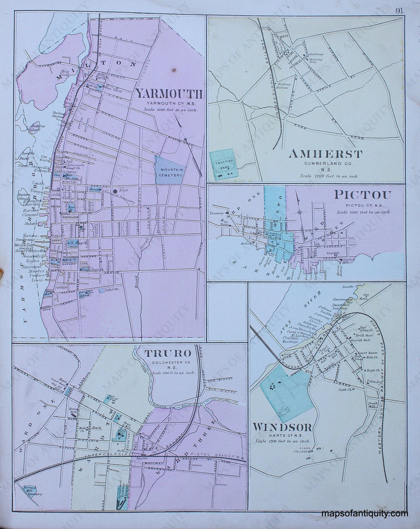 Antique-Hand-Colored-Map-Yarmouth-Yarmouth-Co.-Truro-Colchester-Co.-Amherst-Cumberland-Co.-Pictou-Pictou-Co.-Windsor-Hants-Co.--North-America-Canada-1879-Roe-Maps-Of-Antiquity