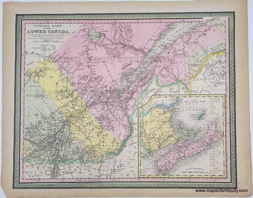 Antique Map with original hand-coloring in tones of green, yellow, peach, and pink.
Antique-Hand-Colored-Map-Canada-East-Formerly-Lower-Canada-North-America-Canada-1849-Mitchell-Maps-Of-Antiquity