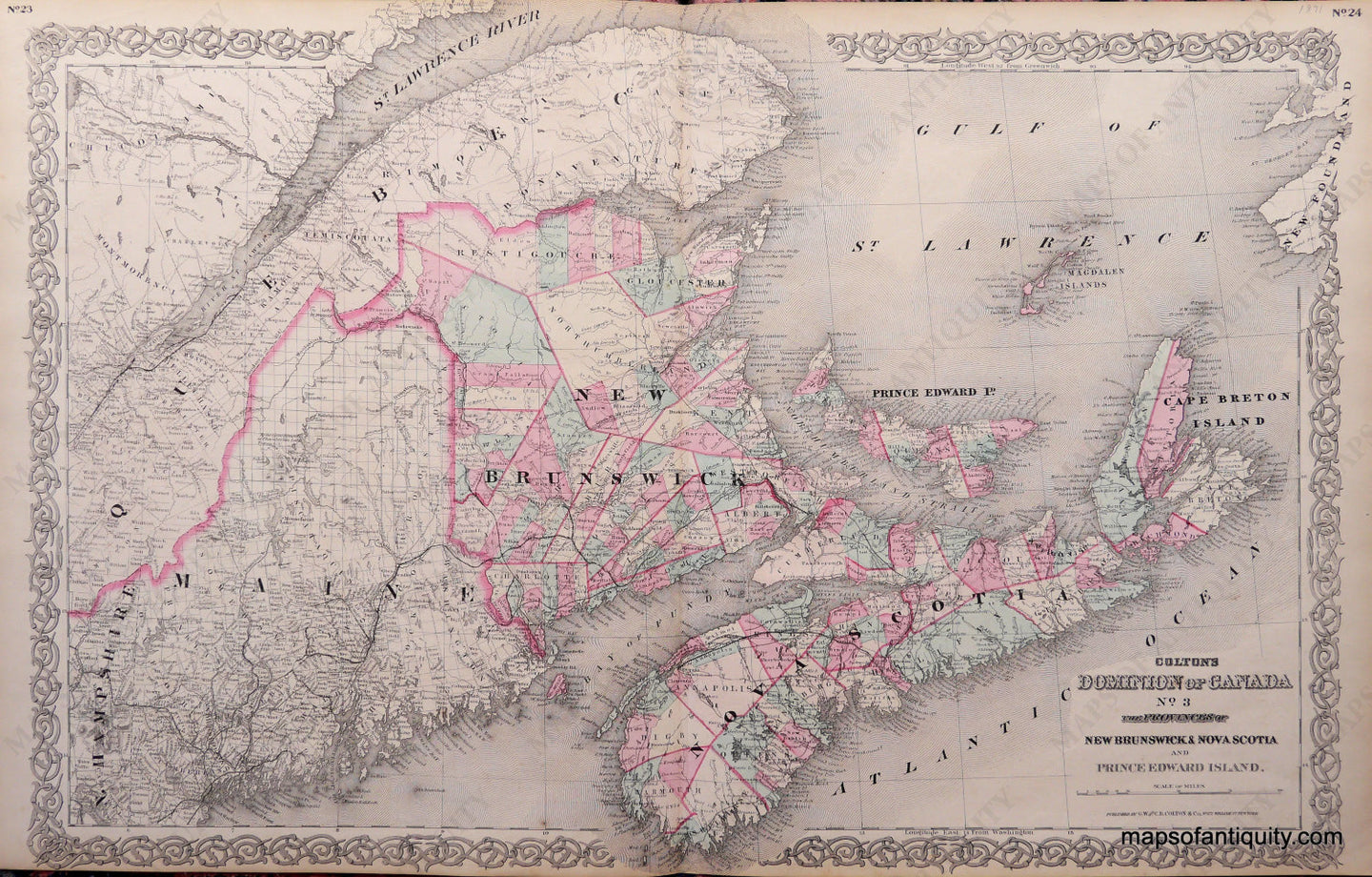 Antique-Hand-Colored-Map-Colton's-Dominion-of-Canada-No.-3-The-Province-of-New-Brunswick-&-Nova-Scotia-and-Prince-Edward-Island.-Canada--1871-Colton-Maps-Of-Antiquity