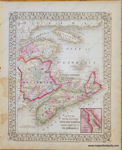 Antique-Hand-Colored-Map-County-Map-of-Nova-Scotia-New-Brunswick-Cape-Breton-and-Prince-Edward's-Island-with-inset-of-City-and-Harbor-of-Halifax.-Canada--1868-Mitchell-Maps-Of-Antiquity