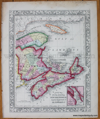 Antique-Hand-Colored-Map-County-Map-of-Nova-Scotia-New-Brunswick-Cape-Breton-and-Prince-Edward's-Island-with-inset-of-City-and-Harbor-of-Halifax.-Canada--1863-Mitchell-Maps-Of-Antiquity