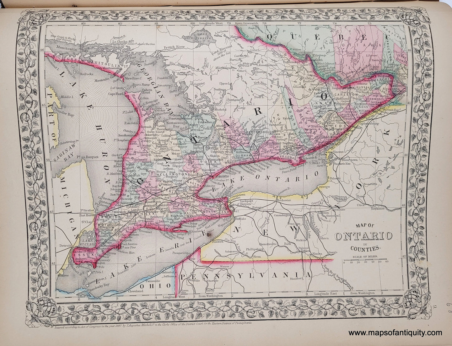 1868 - Map of Ontario in Counties - Antique Map