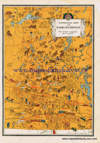 Antique-Printed-Color-Pictorial-Map-Animated-Map-of-Saskatchewan-**********-North-America-Canada-1940s-Arthur-Edward-Elias-Maps-Of-Antiquity