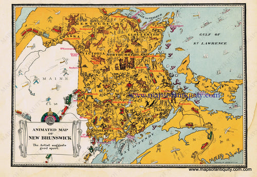 Antique-Printed-Color-Pictorial-Map-Animated-Map-of-New-Brunswick-**********-North-America-Canada-1940s-Arthur-Edward-Elias-Maps-Of-Antiquity