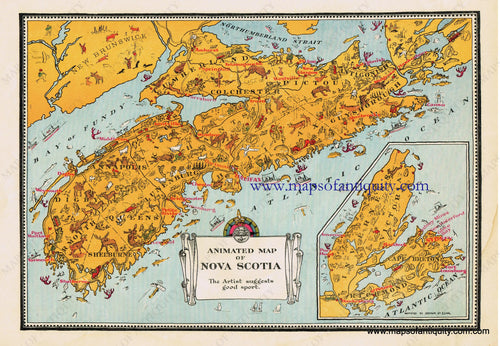 Antique-Printed-Color-Pictorial-Map-Animated-Map-of-Nova-Scotia-North-America-Canada-1940s-Arthur-Edward-Elias-Maps-Of-Antiquity