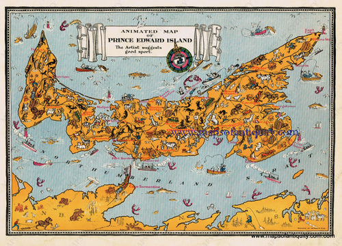 Antique-Printed-Color-Pictorial-Map-Animated-Map-of-Prince-Edward-Island-North-America-Canada-1940s-Arthur-Edward-Elias-Maps-Of-Antiquity