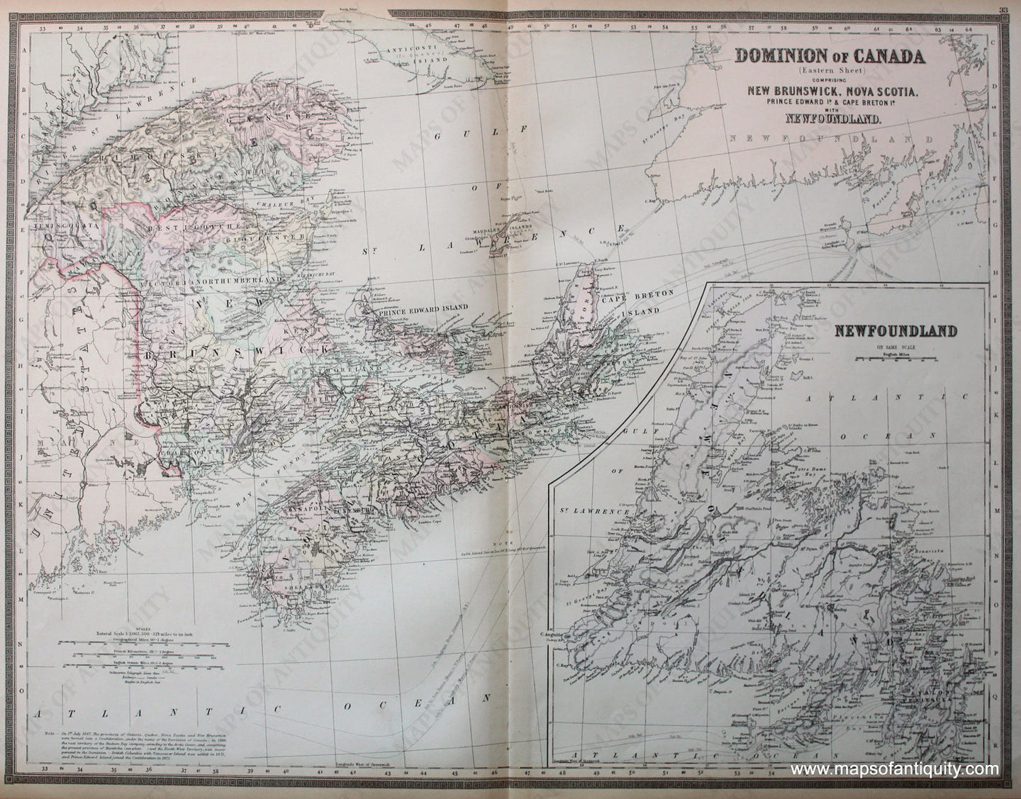 Antique-Hand-Colored-Map-Dominion-of-Canada-(Eastern-Sheet)-Comprising-New-Brunswick-Nova-Scotia-Prince-Edward-Id.-Cape-Breton-Id.-With-Newfoundland-Canada--1887-Bradley-Maps-Of-Antiquity