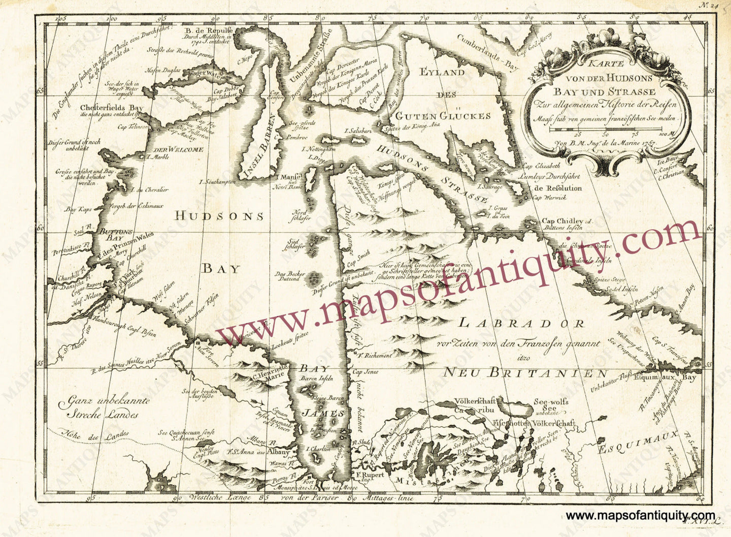 Antique-Uncolored-Map-Karte-von-der-Hudsons-Bay-und-Strasse-North-America-Canada-1757-Bellin-Maps-Of-Antiquity