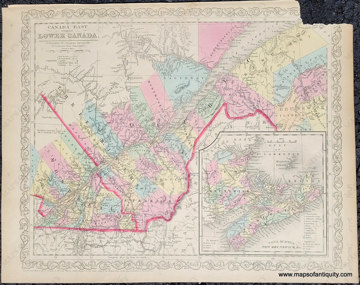 Antique-Map-Canada-East-Formerly-Lower-Canada-Montreal-Quebec-New-Brunswick-Nova-Scotia-DeSilver-1859-1850s-1800s-Mid-Late-19th-Century-Maps-of-Antiquity