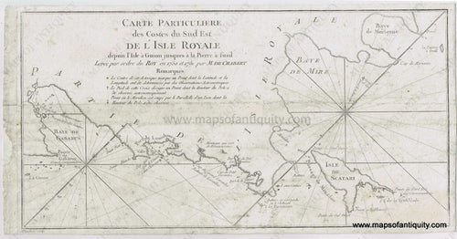 Antique-Map-Chart-Nova-Scotia-Cape-Breton-Carte-Particuliere-des-Costes-du-Sud-Est-de-l'Isle-Royale-Louisbourg-Gabarus-Scatarie-de-Chabert-1753