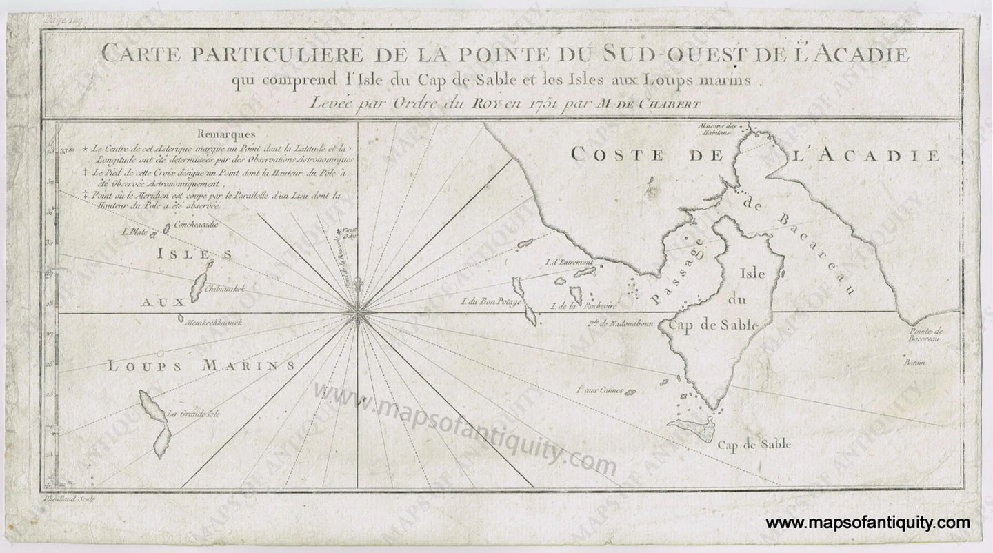 Antique-Map-Chart-Nova-Scotia-Carte-Particuliere-de-la-Pointe-du-Sud-Ouest-de-l'Acadie-de-Chabert-1753