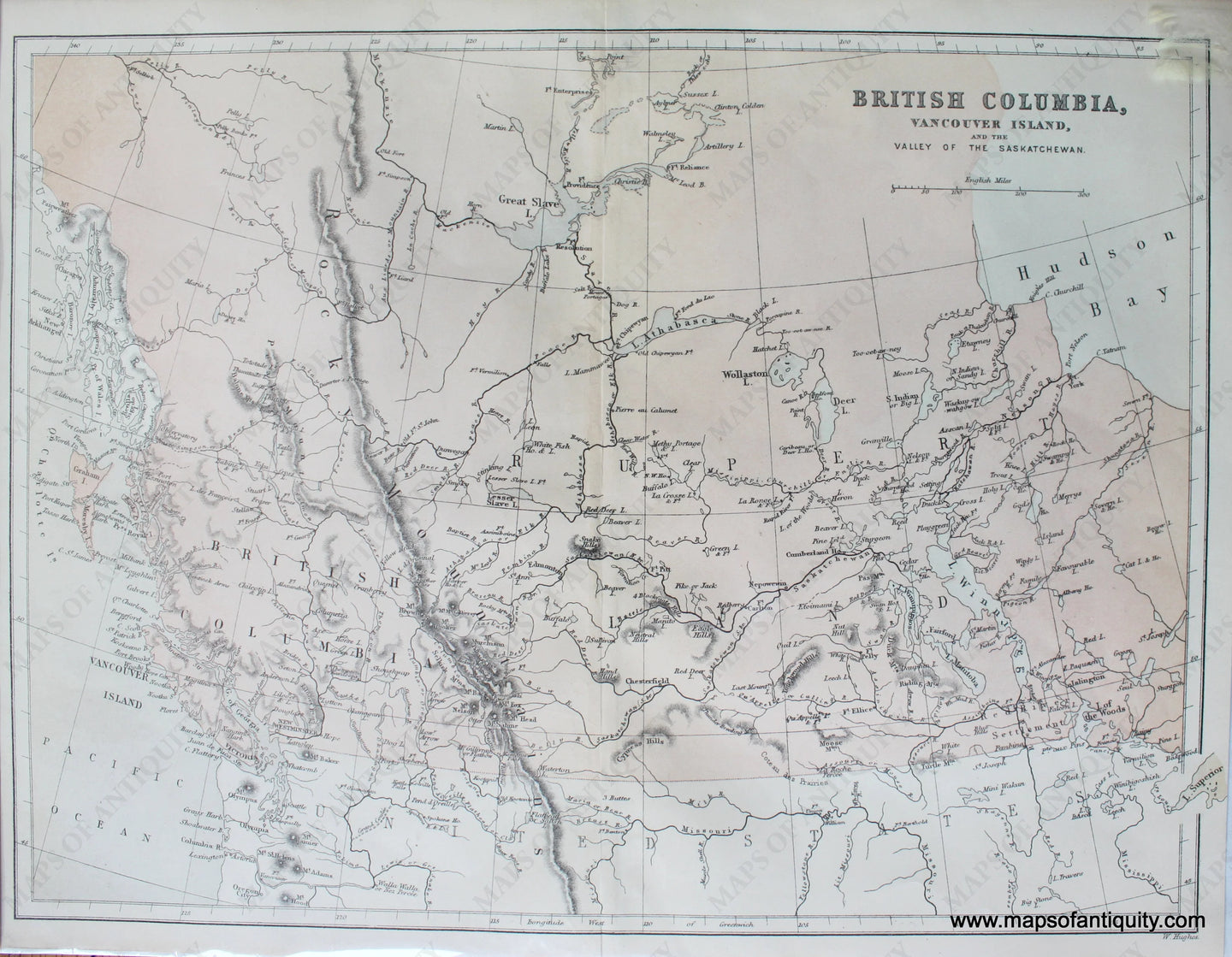 Antique-Map-British-Columbia-Vancouver-Island-and-the-Valley-of-Saskatchewan-Canada-Hughes-1859-1850s-Mid-19th-Century-Maps-of-Antiquity