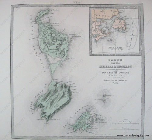 Antique-Hand-Colored-Map-Carte-des-iles-St.-Pierre-et-Miquelon-1877-Levasseur-Newfoundland-1800s-19th-century-Maps-of-Antiquity