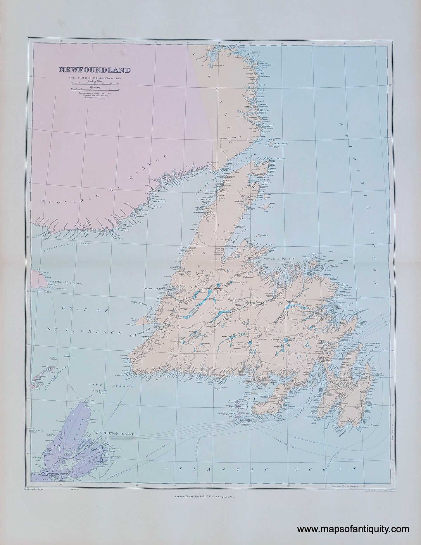 Printed-Color-Antique-Map-Newfoundland-1904-Stanford-1900s-20th-century-Maps-of-Antiquity