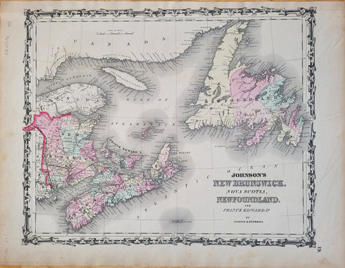 Antique-Hand-Colored-Map-Johnson's-New-Brunswick-and-Nova-Scotia-of-the-Dominion-of-Canada.-Also-Newfoundland-Prince-Edward-and-Cape-Breton-Islands-1861-Johnson-&-Browning-Canada-1800s-19th-century-Maps-of-Antiquity