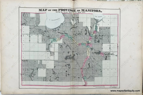 Antique-Map-Sheet-with-three-maps:-Centerfold--Map-of-the-Province-of-Manitoba-/-Verso-maps--Map-of-the-Province-of-New-Brunswick;-Map-of-the-Province-of-Nova-Scotia-1875-Walling-/-Tackabury-Canada-Civil-War-1800s-19th-century-Maps-of-Antiquity