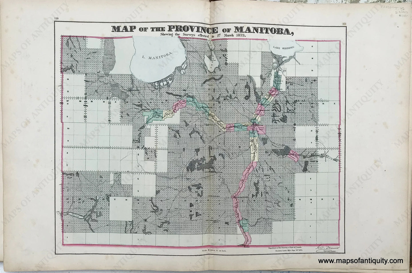 Antique-Map-Sheet-with-three-maps:-Centerfold--Map-of-the-Province-of-Manitoba-/-Verso-maps--Map-of-the-Province-of-New-Brunswick;-Map-of-the-Province-of-Nova-Scotia-1875-Walling-/-Tackabury-Canada-Civil-War-1800s-19th-century-Maps-of-Antiquity