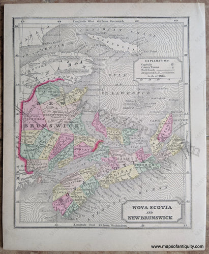 Antique-Hand-Colored-Map-Nova-Scotia-and-New-Brunswick-Canada-East-1857-Morse-and-Gaston-Maps-Of-Antiquity-1800s-19th-century