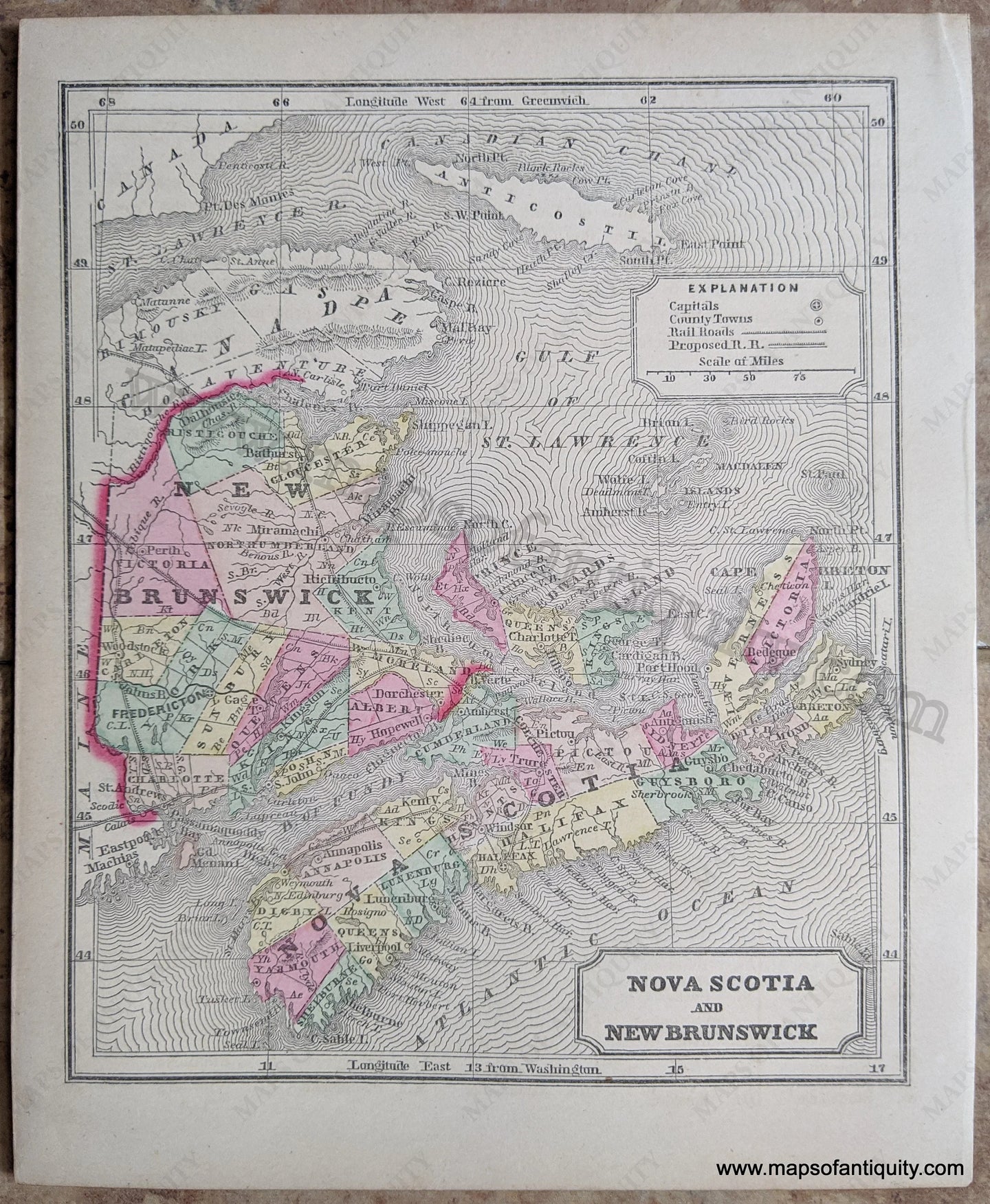 Antique-Hand-Colored-Map-Nova-Scotia-and-New-Brunswick-Canada-East-1857-Morse-and-Gaston-Maps-Of-Antiquity-1800s-19th-century