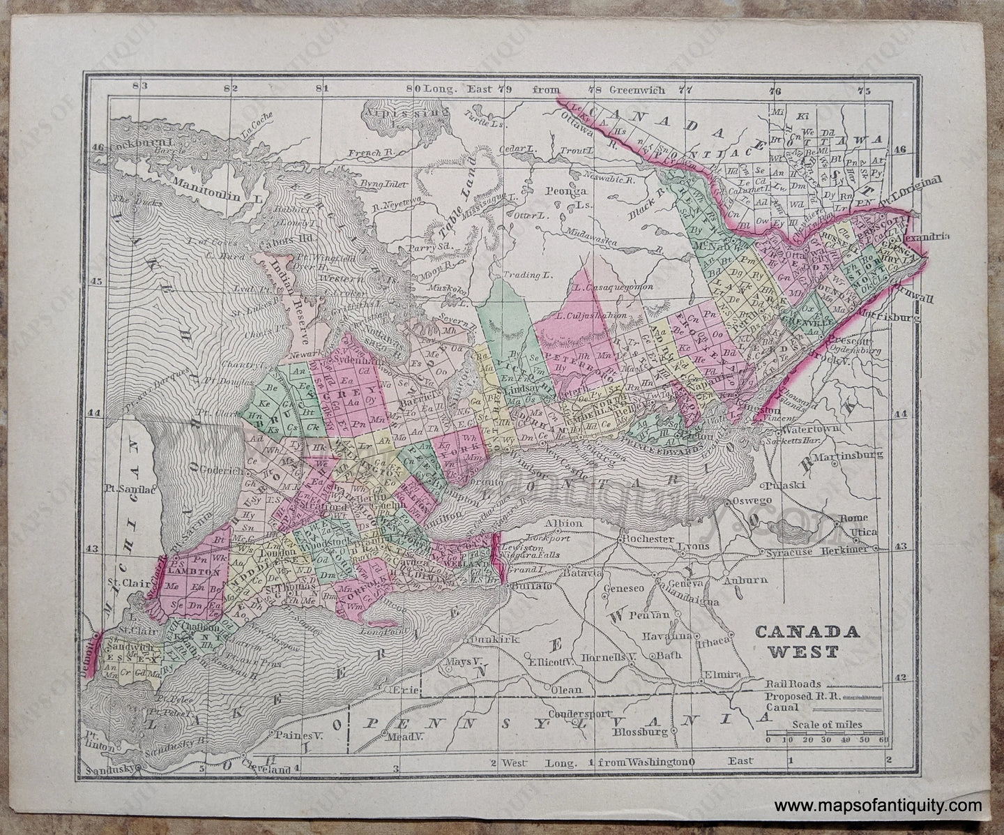 Antique-Hand-Colored-Map-Canada-West-Canada-Central-1857-Morse-and-Gaston-Maps-Of-Antiquity-1800s-19th-century