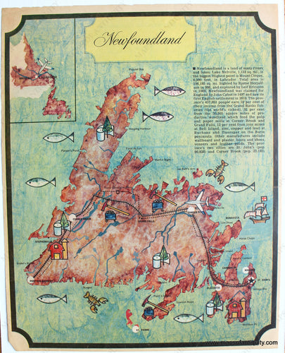 Genuine-Printed-Color-Pictorial-Map-Newfoundland-c.-1961-Morrison/Surcouf-Maps-Of-Antiquity-1800s-19th-century