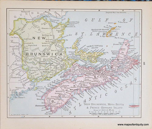 Genuine-Antique-Map-New-Brunswick-Nova-Scotia-&-Prince-Edward-Island-1900-Rand-McNally-Maps-Of-Antiquity. original printed color in tones of blue, green, yellow, pink, and orange. 