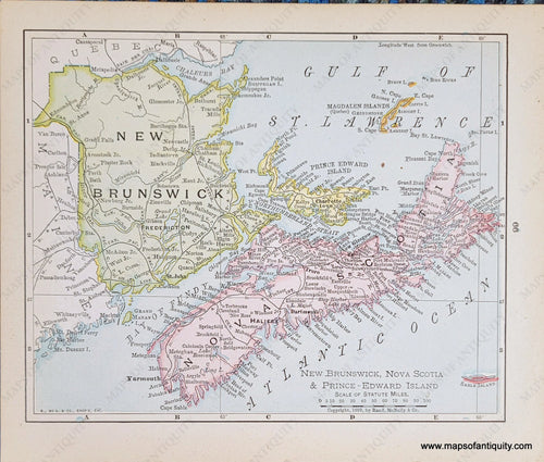 Genuine-Antique-Map-New-Brunswick-Nova-Scotia-&-Prince-Edward-Island-1900-Rand-McNally-Maps-Of-Antiquity. original printed color in tones of blue, green, yellow, pink, and orange. 