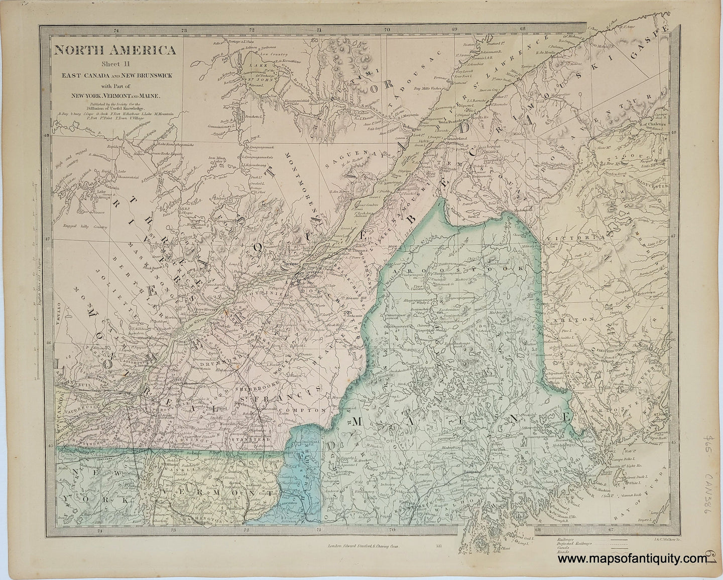 Genuine-Antique-Map-North-America-Sheet-II-East-Canada-and-New-Brunswick-with-Part-of-New-York-Vermont-and-Maine-Canada-East--1860-SDUK-Society-for-the-Diffusion-of-Useful-Knowledge-Maps-Of-Antiquity-1800s-19th-century