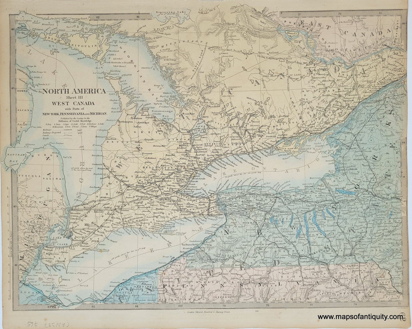 Genuine-Antique-Map-North-America-Sheet-III-West-Canada-with-Part-of-New-York-Pennsylvania-and-Michigan-Canada-Middle--1860-SDUK-Society-for-the-Diffusion-of-Useful-Knowledge-Maps-Of-Antiquity-1800s-19th-century