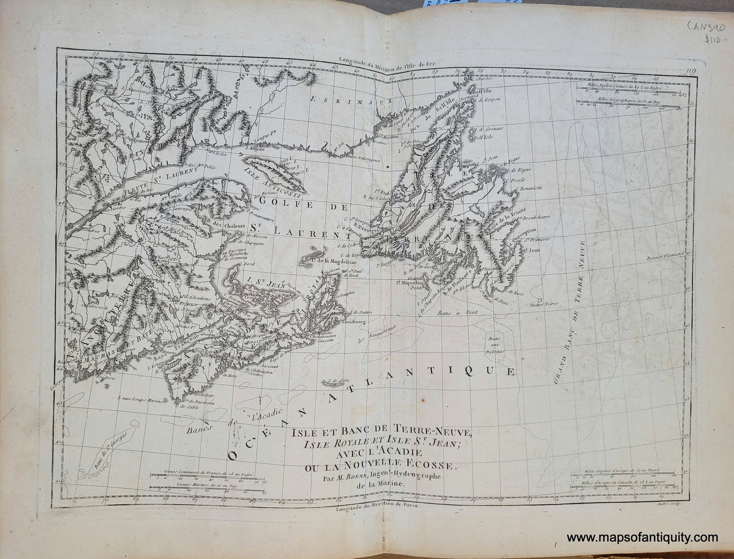 Genuine-Antique-Map-Canadian-Maritimes-and-Newfoundland---Isle-et-Banc-de-Terre-Neuve-Isle-Royale-et-Isle-St-Jean-avec-lAcadie-ou-la-Nouvelle-Ecosse-1788-Bonne-Desmarest-Maps-Of-Antiquity