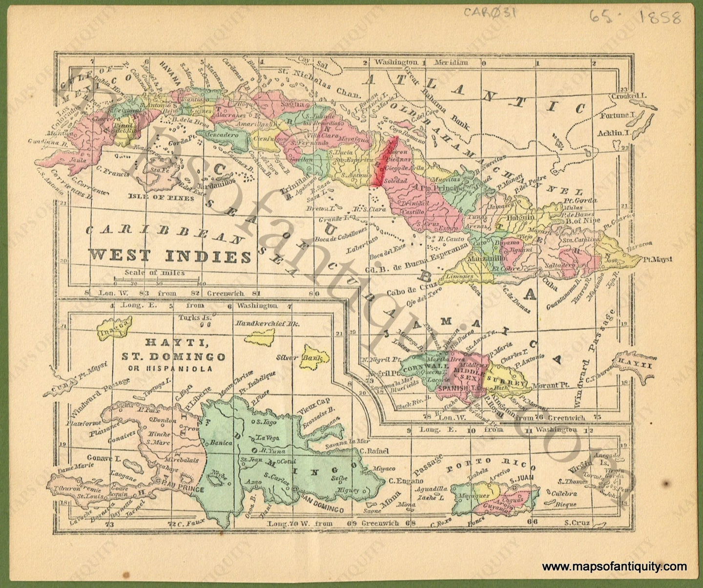 Antique-Hand-Colored-Map-West-Indies-Caribbean--1858-Diamond-Maps-Of-Antiquity