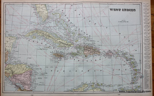 Antique-Printed-Color-Map-West-Indies-verso:-Birds-Eye-View-of-The-Maritime-Canal-of-Nicaragua-and-Map-of-The-Bahama-Islands-Caribbean-&-Latin-America--1900-Cram-Maps-Of-Antiquity