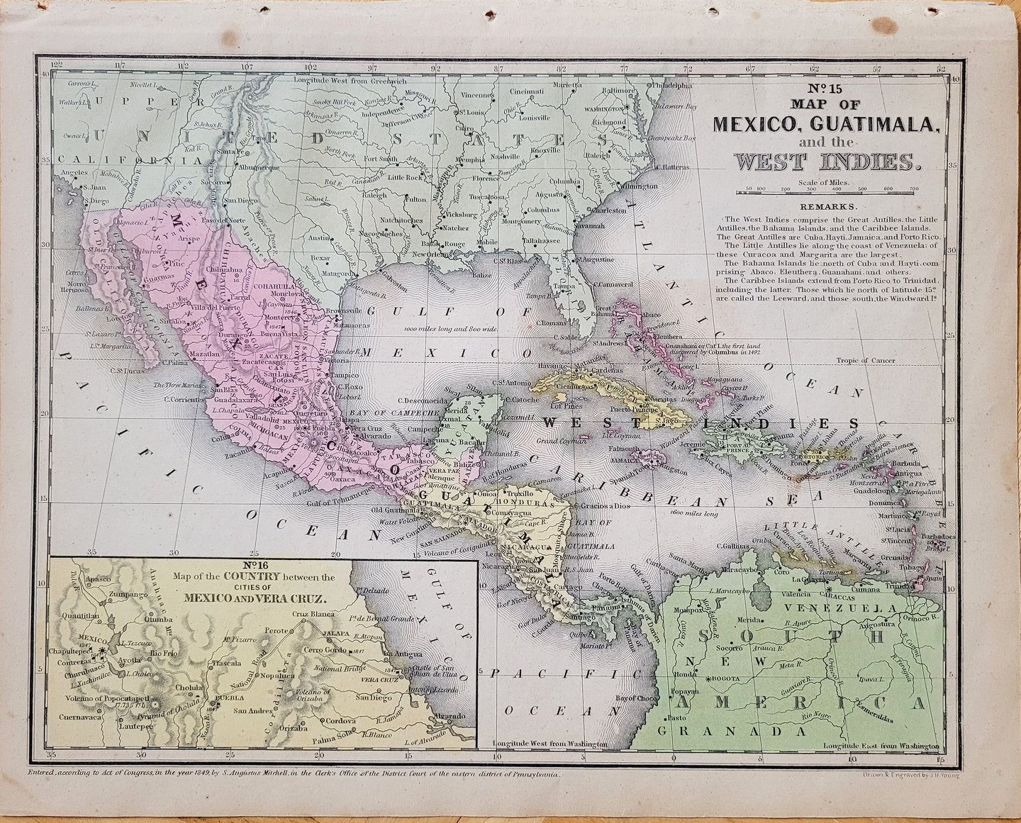 CAR047A-Antique-Hand-Colored-Map-No-15-Map-of-Mexico-Central-America-and-the-West-Indies-Caribbean--Latin-America-Central-America-Caribbean-Mexico-1851-Mitchell-Maps-Of-Antiquity