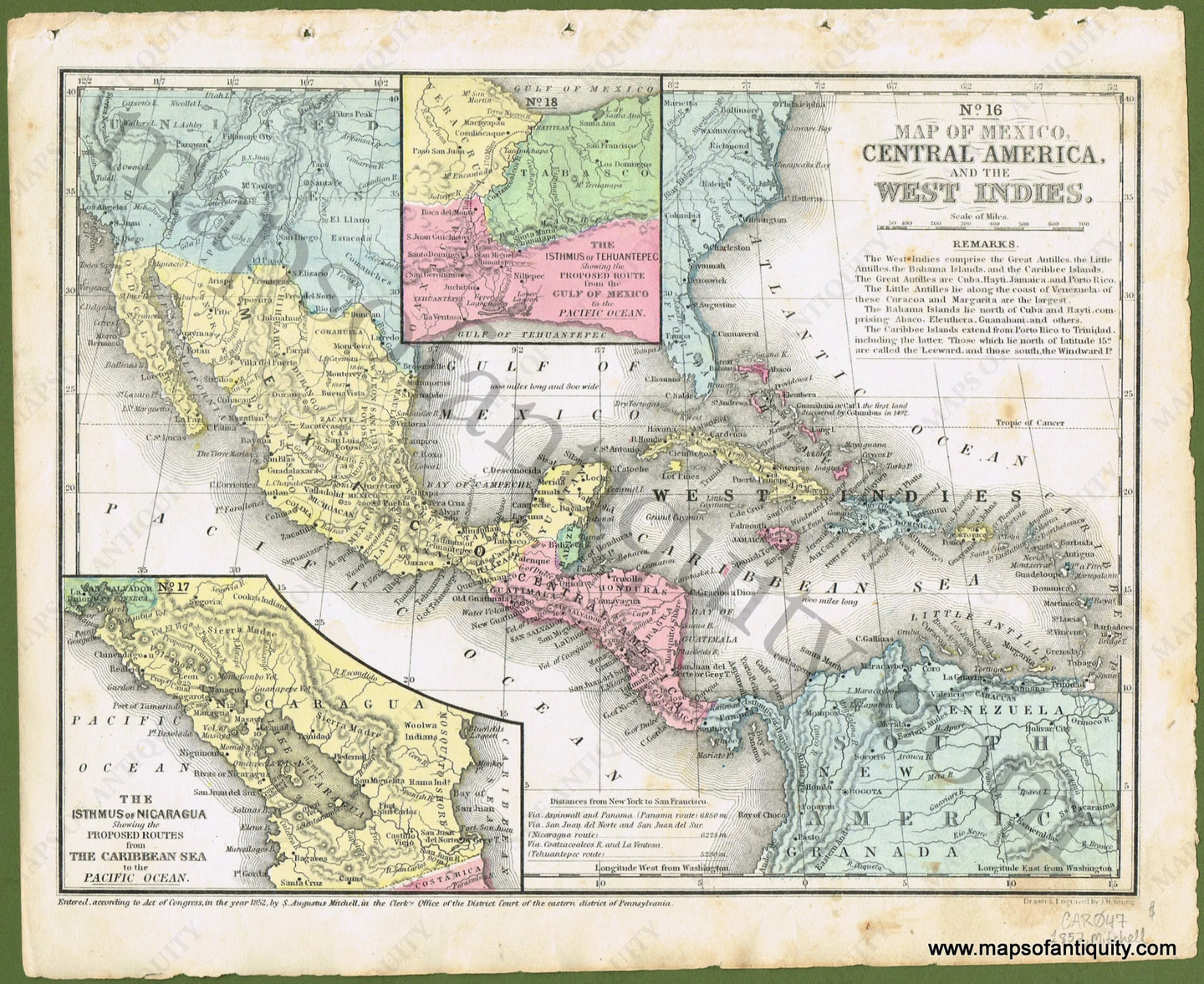 Antique-Hand-Colored-Map-No.-16/No.-18-Map-of-Mexico-Central-America-and-the-West-Indies.-******-Caribbean-&-Latin-America-Central-America-Caribbean-Mexico-1852-Mitchell-Maps-Of-Antiquity