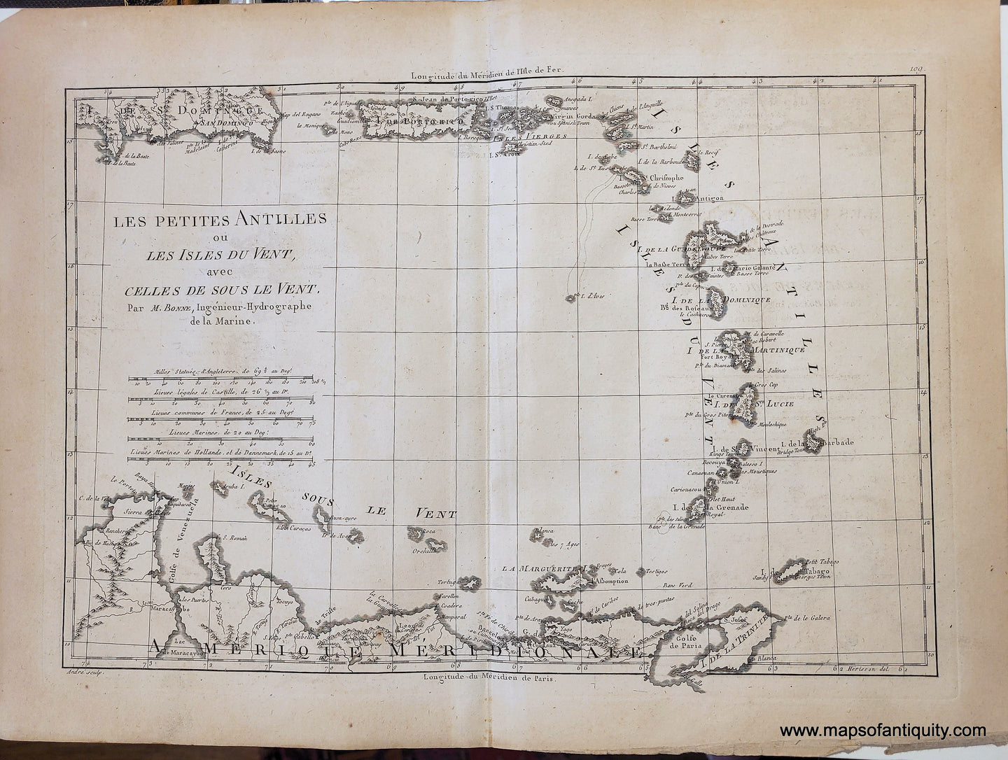 Antique 18th century map of the Caribbean from Hispaniola to Trinidad and including the Virgin Islands, Windward and Leeward Islands, and a bit of the coast of South America. A grid of latitude and longitude is behind the landforms. Handsome antique text labels many places.