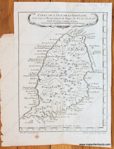 Antique-Map-Carte-de-L'Isle-de-La-Grenade-Grenada-Island-Caribbean-Bellin-L'Histoire-Generale-des-Voyages-1758-1750s-1700s-Mid-18th-Century-Maps-of-Antiquity