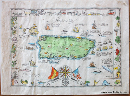 Antique-Map-Puerto-Rico-Dooley-Pictorial-Tourist-1931-1930s-1900s-20th-century-Maps-of-Antiquity