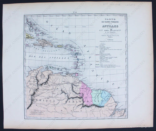 Antique-Hand-Colored-Map-Carte-des-Colonies-Francaise-aux-Antilles-Caribbean-1877-Levasseur-1800s-19th-century-Maps-of-Antiquity