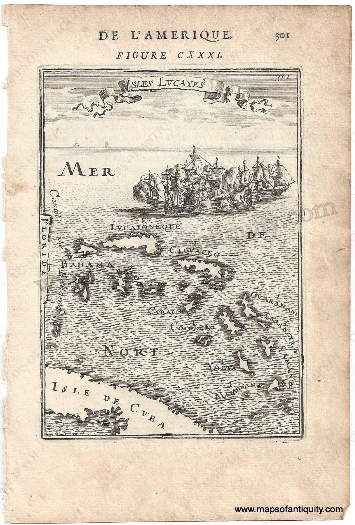 Antique-Copper-Plate-Engraved-Map-Isles-Lucayes-1683-Mallet---1600s-17th-century-Maps-of-Antiquity