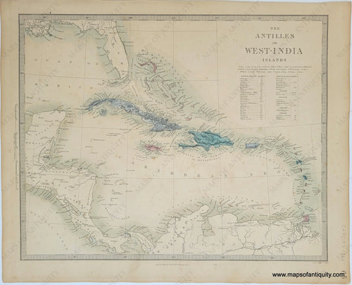 Genuine-Antique-Map-The-Antilles-or-West-India-Islands-Caribbean--1860-SDUK-Society-for-the-Diffusion-of-Useful-Knowledge-Maps-Of-Antiquity-1800s-19th-century