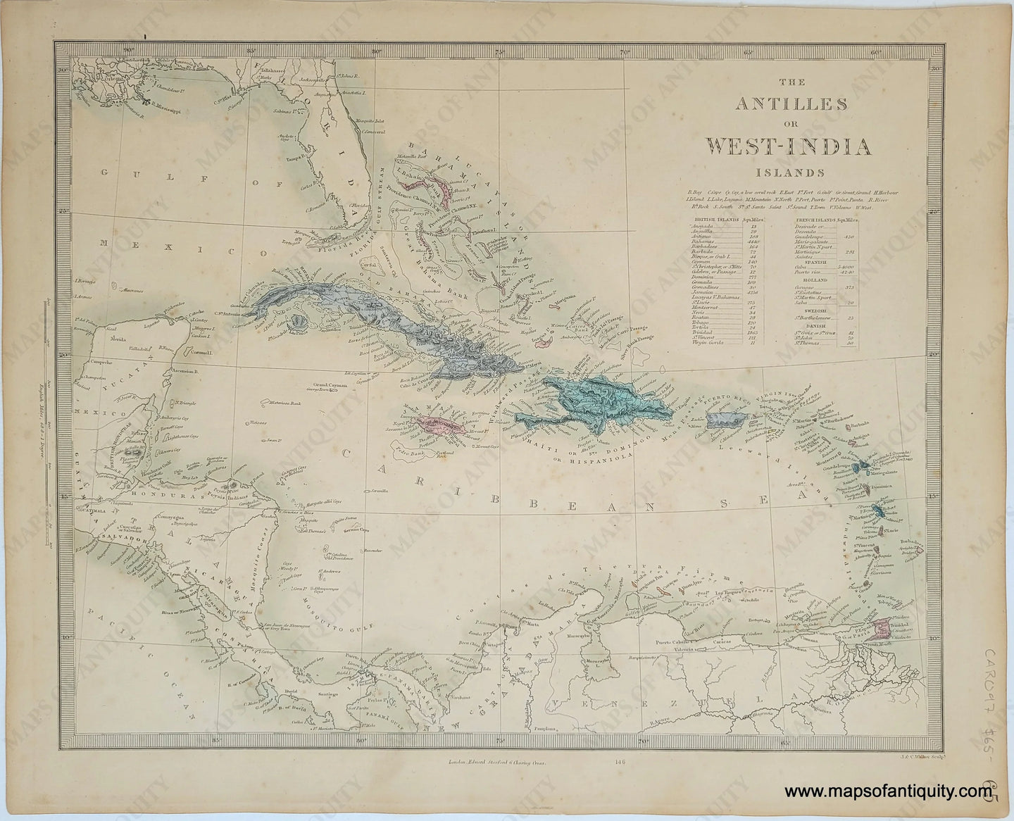 Genuine-Antique-Map-The-Antilles-or-West-India-Islands-Caribbean--1860-SDUK-Society-for-the-Diffusion-of-Useful-Knowledge-Maps-Of-Antiquity-1800s-19th-century