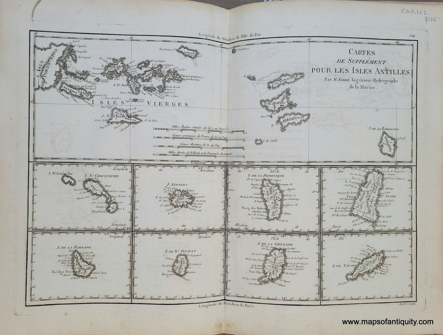 Genuine-Antique-Map-Virgin-Islands-and-other-Caribbean-Islands---Cartes-de-Supplement-pour-les-Isles-Antilles-1788-Bonne-Desmarest-Maps-Of-Antiquity