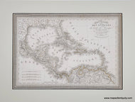Antique map of the Antilles or Caribbean with Central America with text in French and subtle line coloring around the borders