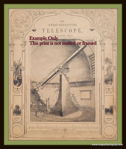 The Great Refracting Telescope of Harvard Antique Print of a huge telescope in an observatory in 1856 from Burritt's Atlas of the Heavens