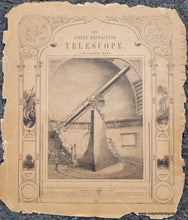 Load image into Gallery viewer, The Great Refracting Telescope of Harvard Antique Print of a huge telescope in an observatory in 1856 from Burritt&#39;s Atlas of the Heavens
