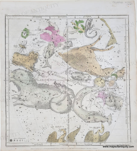 Colorful representations of the constellations October, November, December including Aries, Cetus, Aquarius, Andromeda, Pegasus. Antique-Map-Northern-Constellations-October-November-December