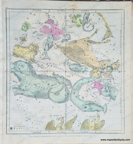 Colorful representations of the constellations October, November, December including Aries, Cetus, Aquarius, Andromeda, Pegasus. Antique-Map-Northern-Constellations-October-November-December